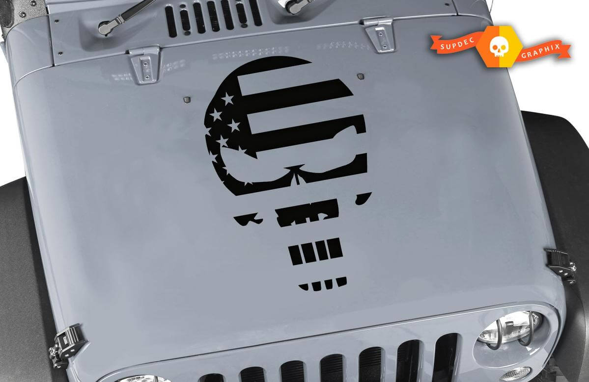 Adesivo in vinile cofano con teschio Punisher e bandiera americana per Jeep Wrangler