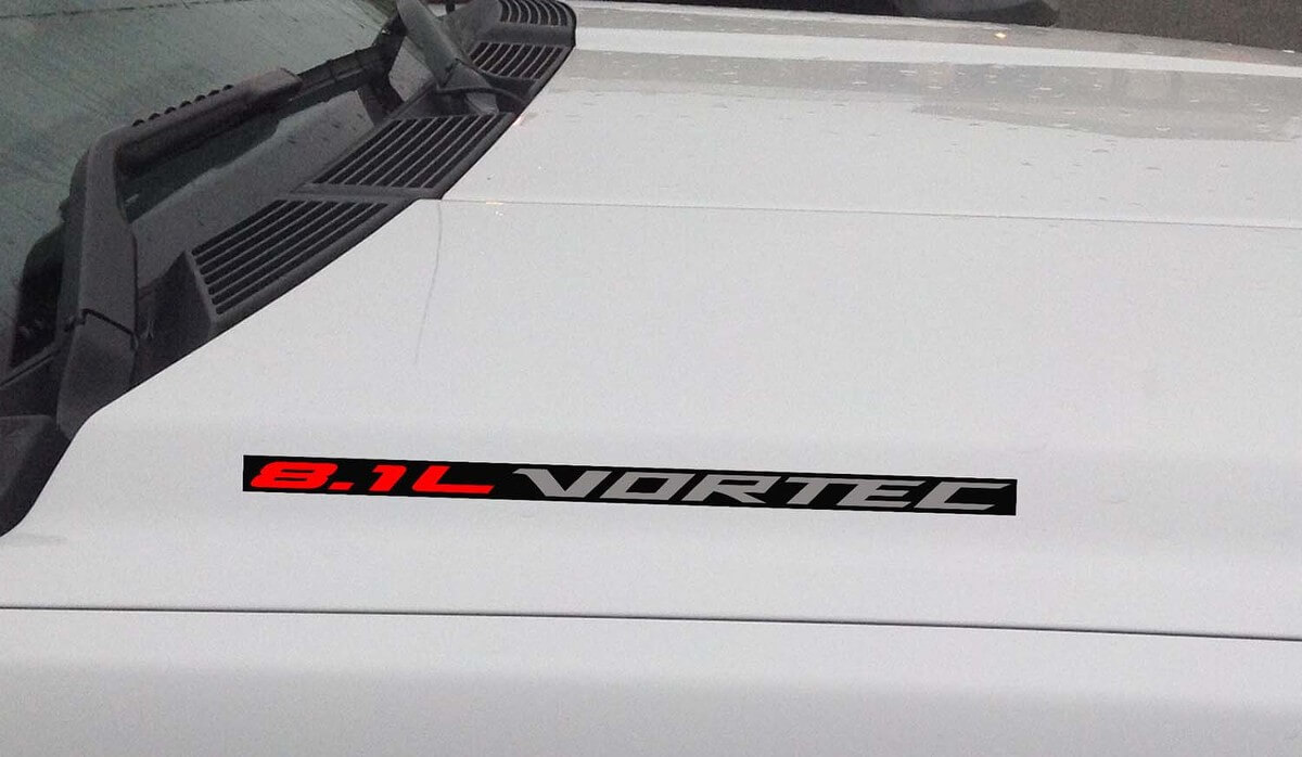 Adesivo decalcomania in vinile per cofano Vortec da 8,1 litri: Chevrolet Silverado GMC Sierra (blocco) Sfondo nero
