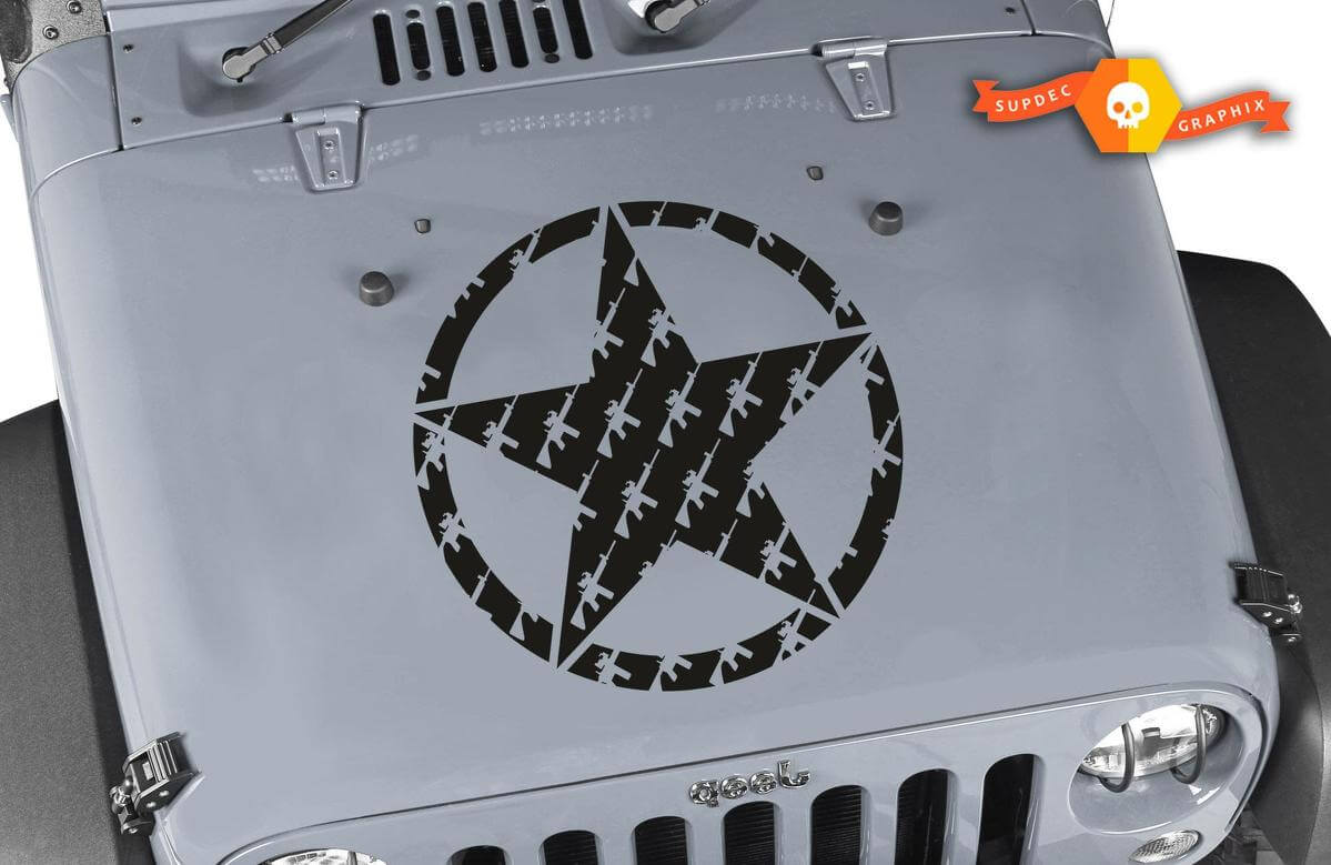 Adesivo in Vinile per Cofano con Silhouette di Stelle dell'Esercito e Armi per Jeep Wrangler