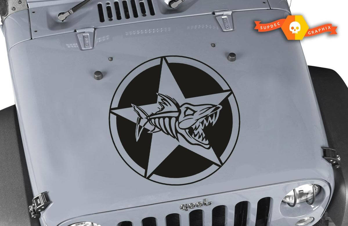 Oscar Mike Fish Skeleton Militare Stella Adesivo Cofano per Jeep Wrangler
