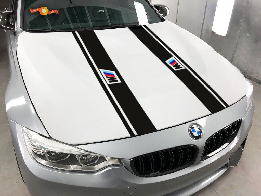 BMW 2x Hood Stripes decalcomania in vinile adesivo logo Bmw MPower 1 3 5 7 serie x4 x5 x6
