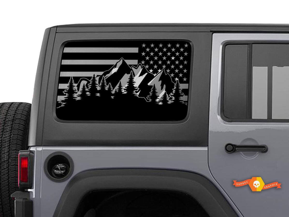 Set di Adesivi in Vinile per Finestrini Laterali Posteriori Montagna con Bandiera USA per Jeep Wrangler Unlimited 4 Porte