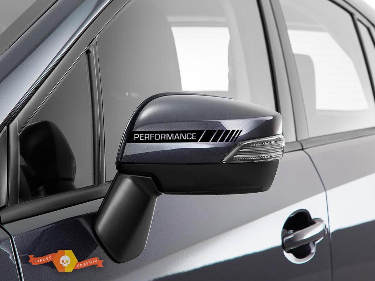 Confezione da 2 adesivi per decalcomanie a strisce PERFORMANCE laterali specchietti retrovisori neri Racing in vinile
