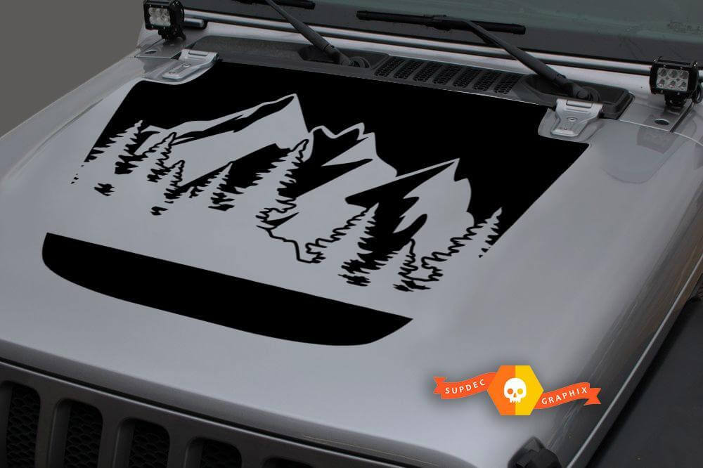 Adesivo in Vinile Nero Opaco Foresta Montagne Cappuccio 2 per Jeep Wrangler JL