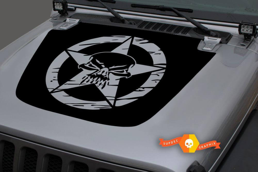 Hood Vinyl Skull Military Star Distressed Blackout Decal Sticker per 18-19 Jeep Wrangler JL#1
