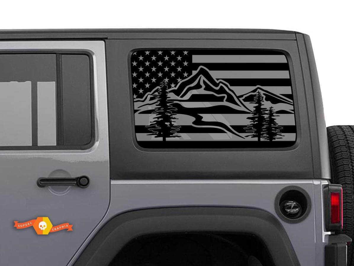 Adesivo in vinile per parabrezza con bandiera USA e montagne per Jeep Toyota Dodge