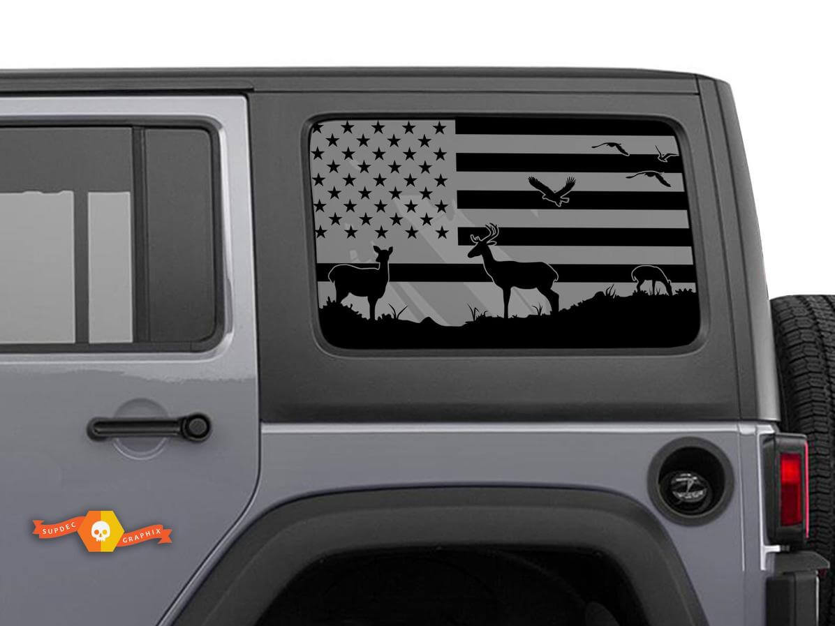Kit di Adesivi in Vinile per Finestrino Laterale con Bandiera USA e Cervo per Jeep Wrangler Hardtop