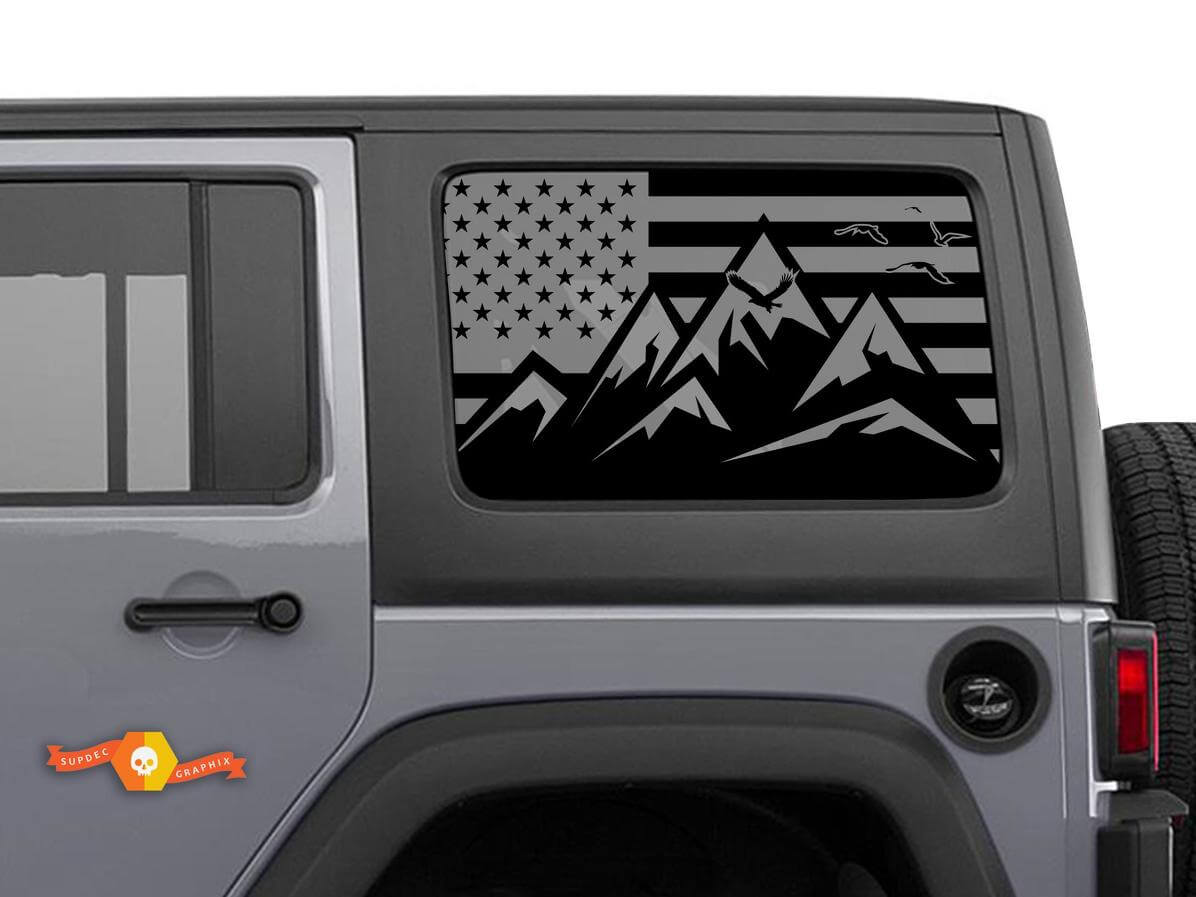 Adesivo in vinile con bandiera USA e montagne per parabrezza per Jeep Toyota Dodge camion