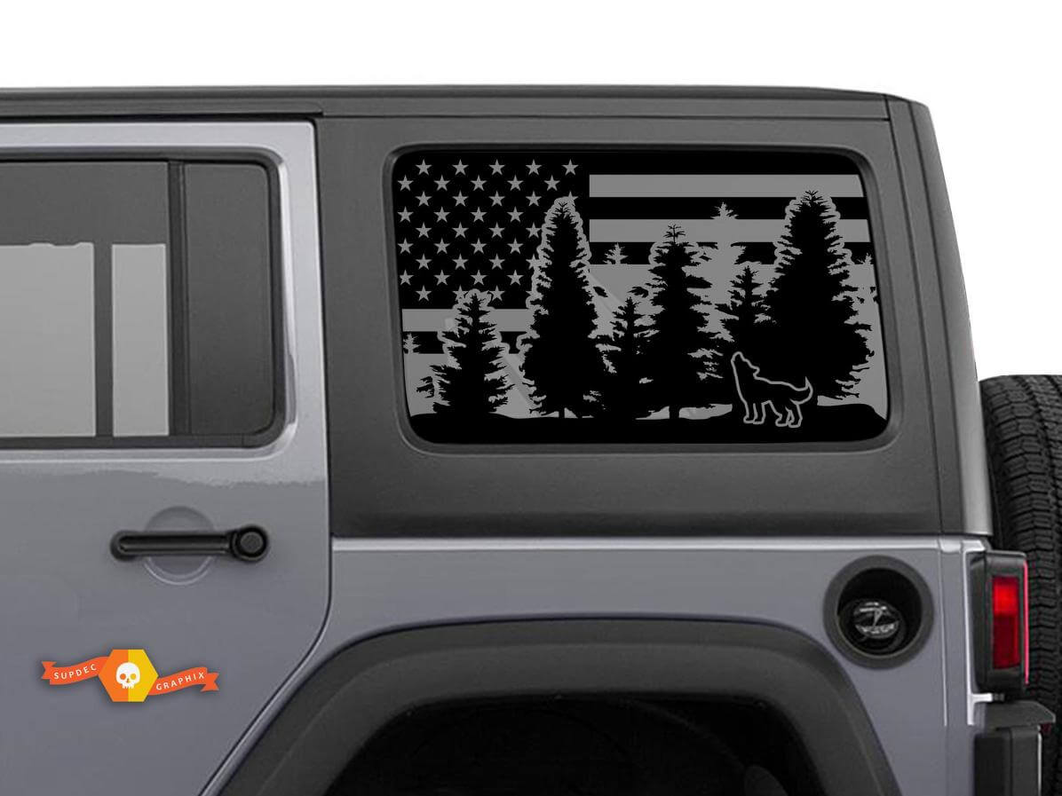 Kit di adesivi in vinile per finestrino laterale con lupo e foresta sulla bandiera USA per Jeep Wrangler Hardtop