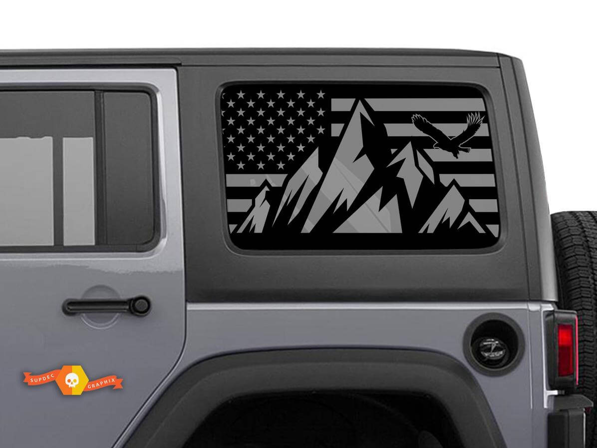Kit di decalcomanie in vinile per finestrino laterale posteriore con bandiera USA e montagne per Jeep Wrangler Hardtop