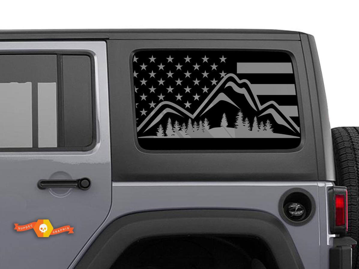 Adesivo in vinile a coppia per finestrino laterale con bandiera USA, montagna e foresta per Jeep Wrangler Hardtop
