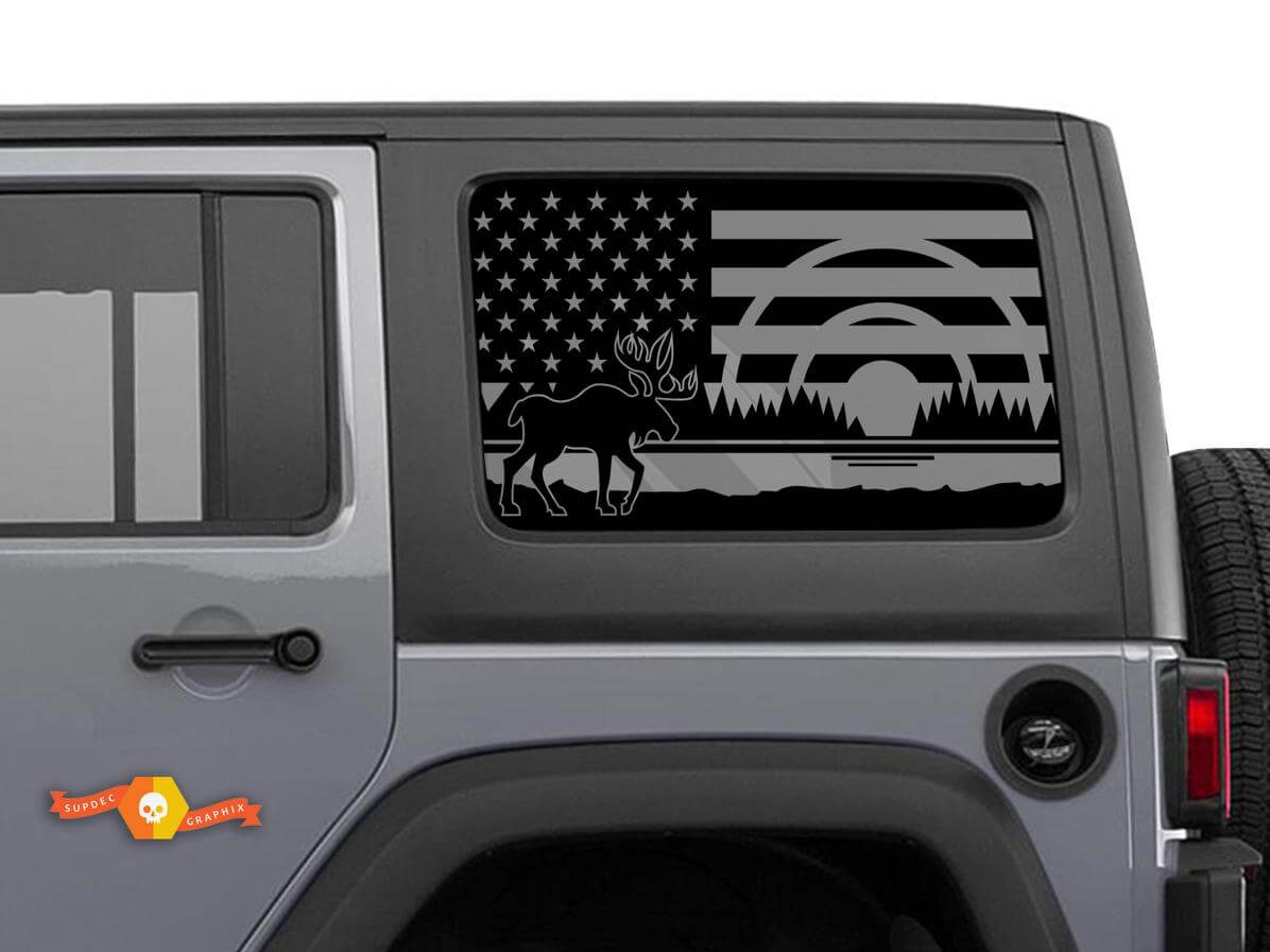 Adesivo in Vinile Coppia con Bandiera USA e Alce per Finestra Laterale Foresta per Jeep Wrangler Hardtop