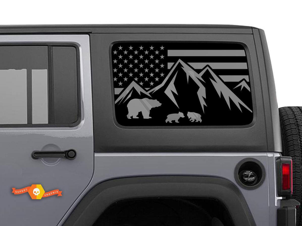 Adesivi per Finestrino Laterale con Orso di Montagna e Bandiera USA per Jeep Wrangler Hardtop