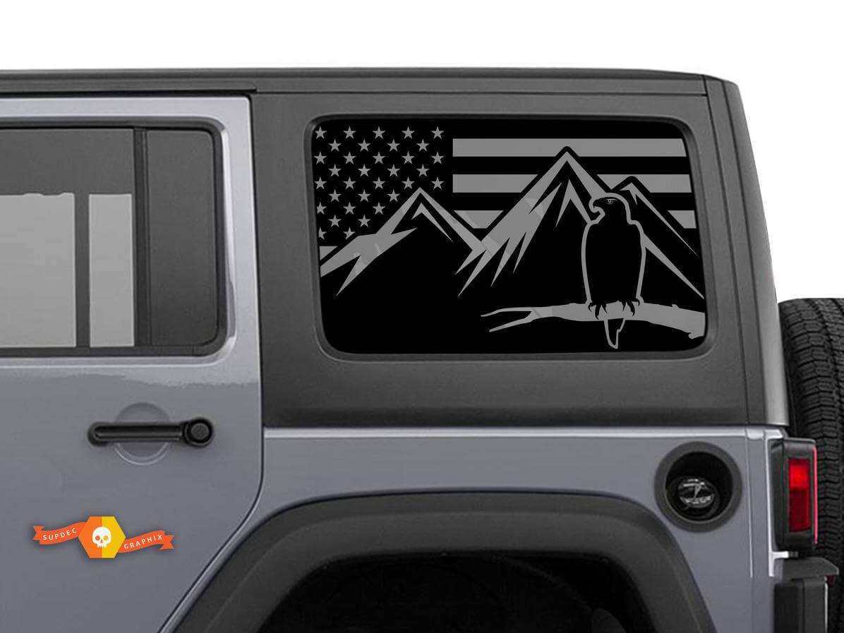 Adesivo Coppia Bandiera USA Aquila Montagne per Finestrino Laterale Jeep Wrangler Hardtop