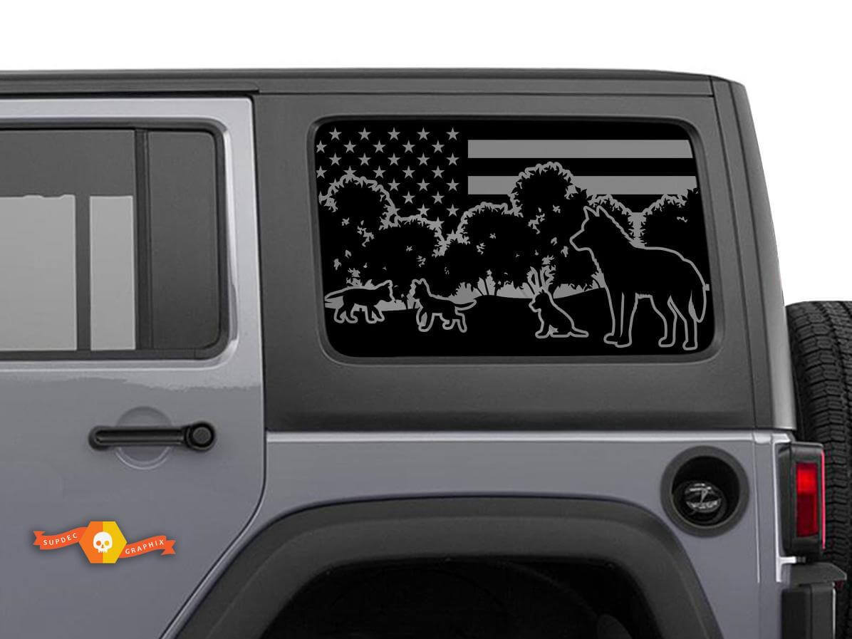 Kit di adesivi in vinile per finestrino laterale con famiglia di lupi e bandiera USA per Jeep Wrangler Hardtop