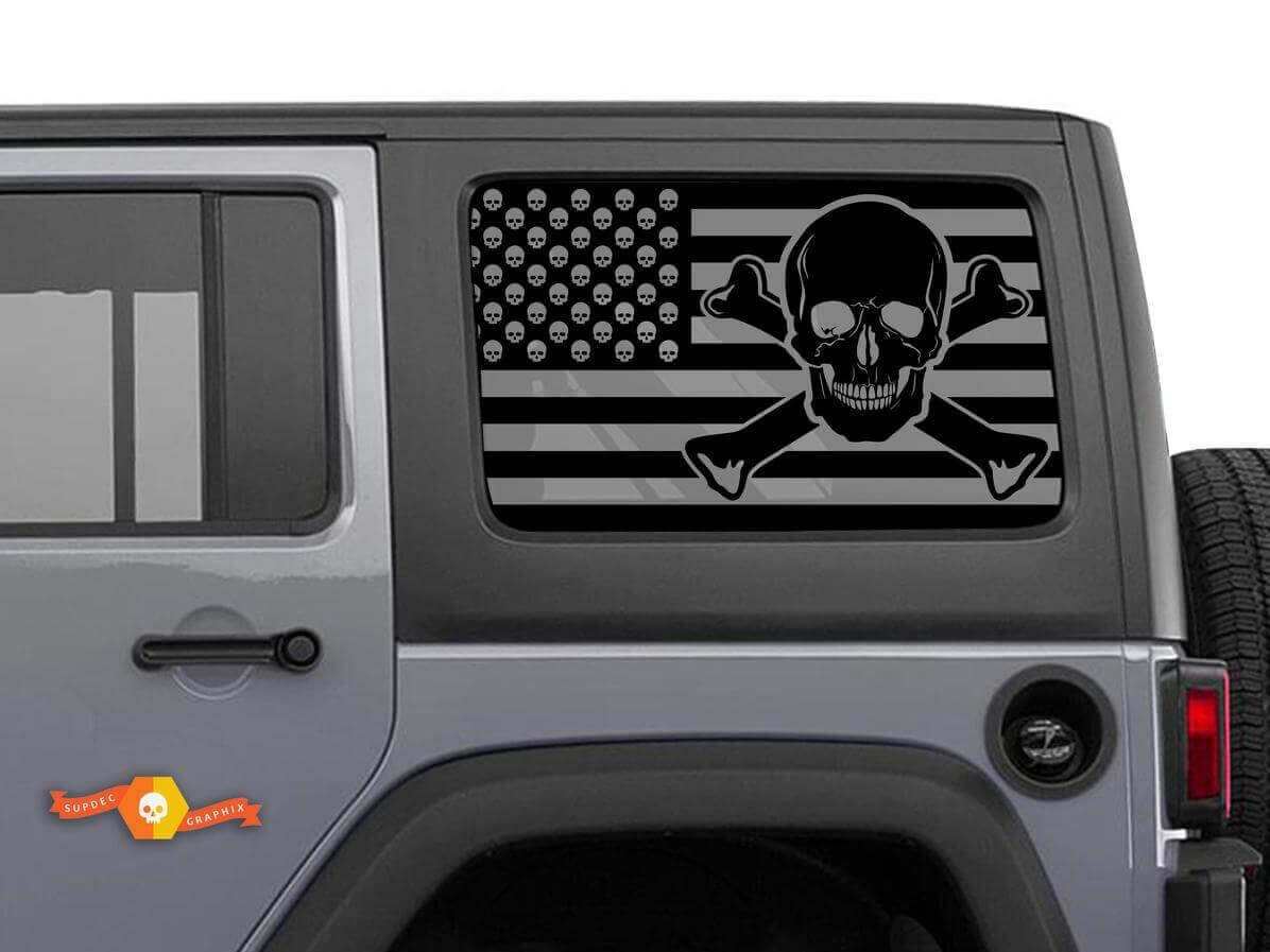 Set di Adesivi in Vinile per Finestrino Laterale con Teschio e Bandiera USA per Jeep Wrangler Hardtop