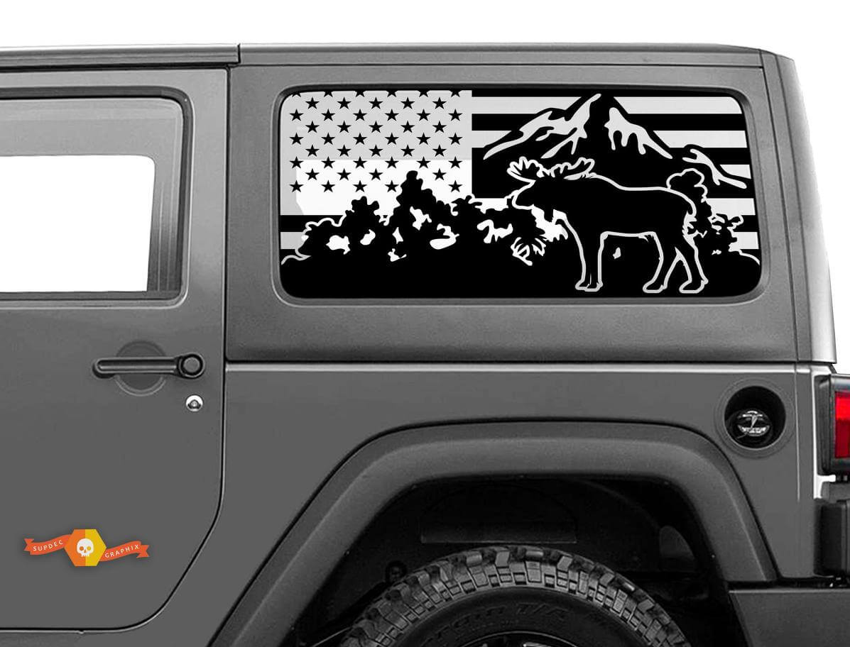 Decalcomania della montagna delle alci con bandiera USA per il lunotto posteriore Jeep Wrangler con tetto rigido
