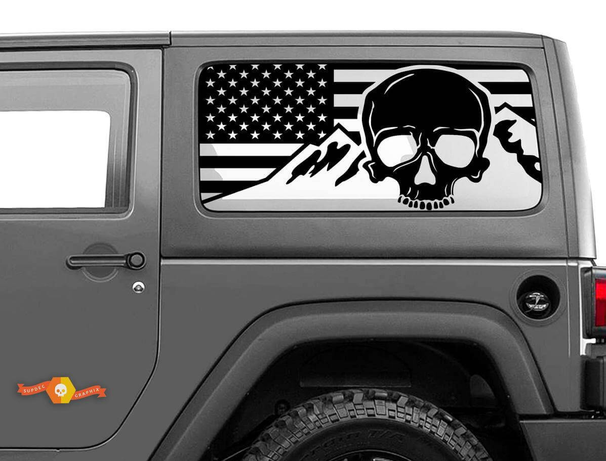 Adesivo in Vinile per Finestrino Laterale Posteriore con Teschio, Montagne e Bandiera USA per Jeep Wrangler