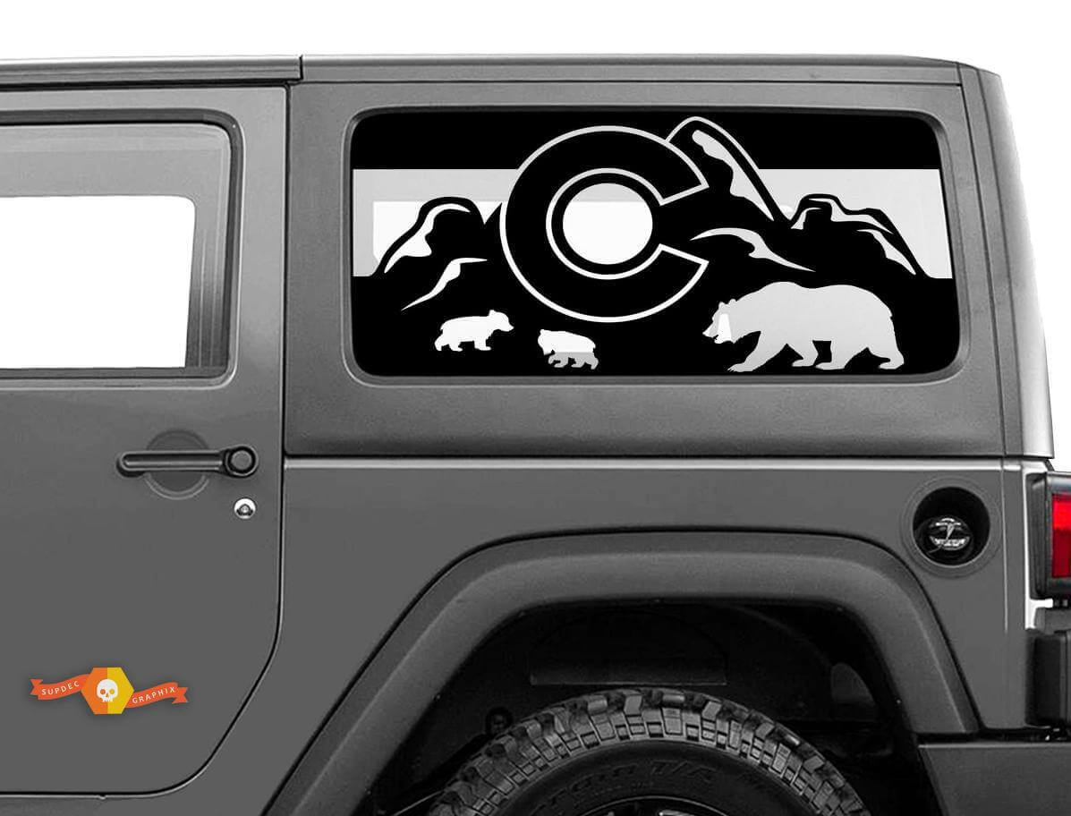 Adesivo per parabrezza con bandiera del Colorado, orso, montagne per Jeep Wrangler Rubicon Hardtop
