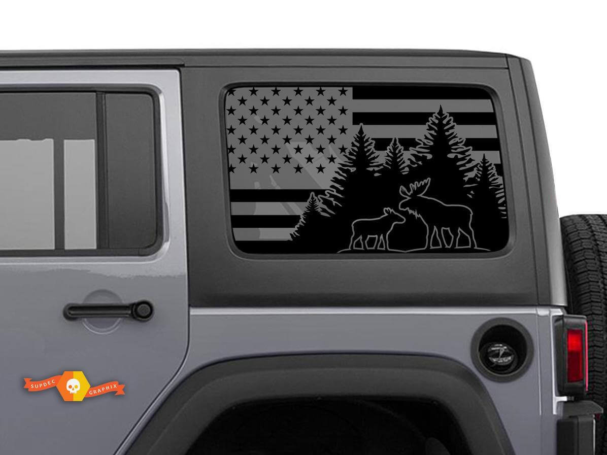 Adesivo in Vinile a Doppia Faccia con Bandiera USA e Alce per Finestra Laterale Posteriore Jeep Wrangler Hardtop