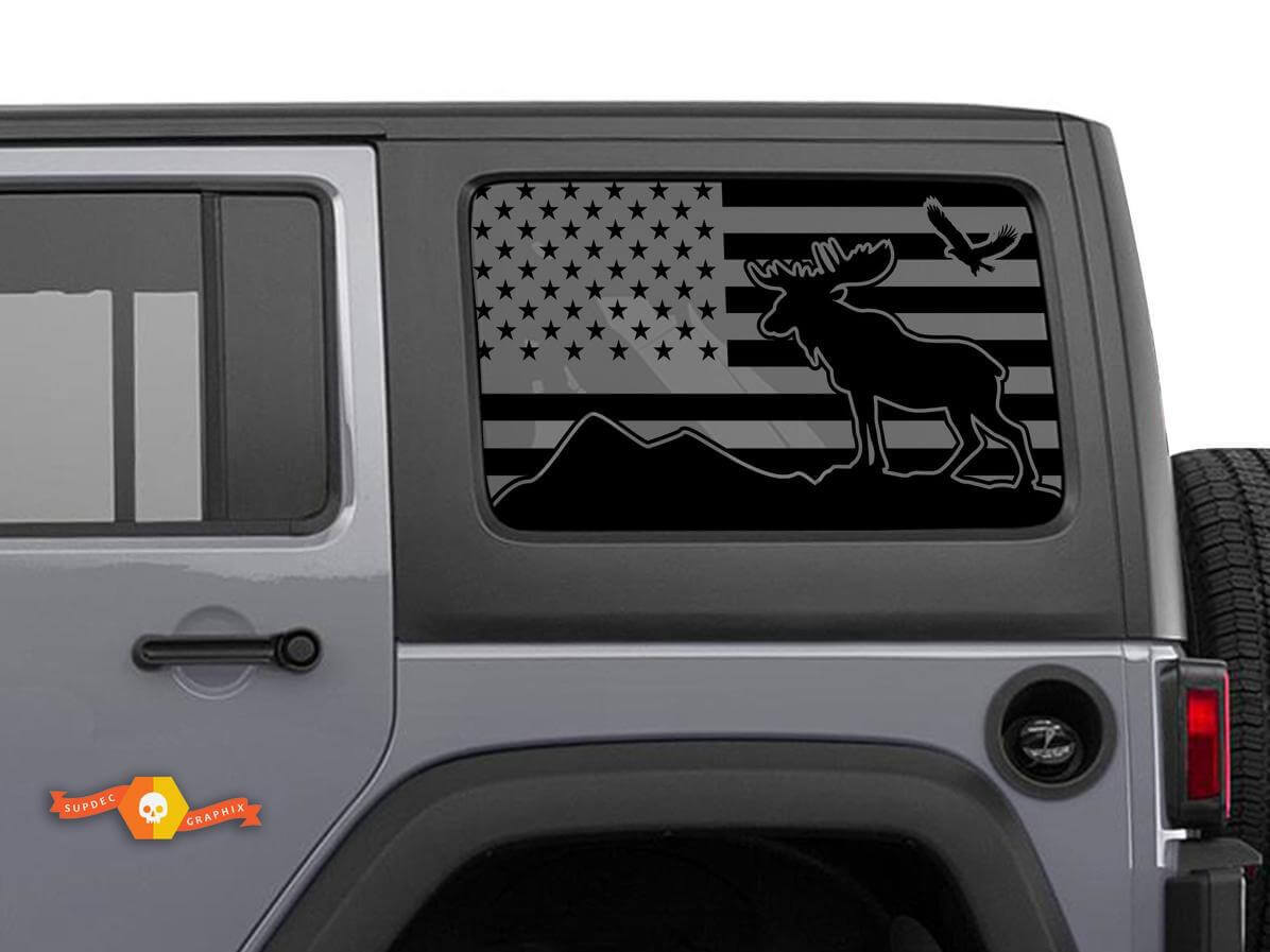 Set di Adesivi in Vinile con Bandiera USA e Alce per Finestrino Laterale Jeep Wrangler Hardtop