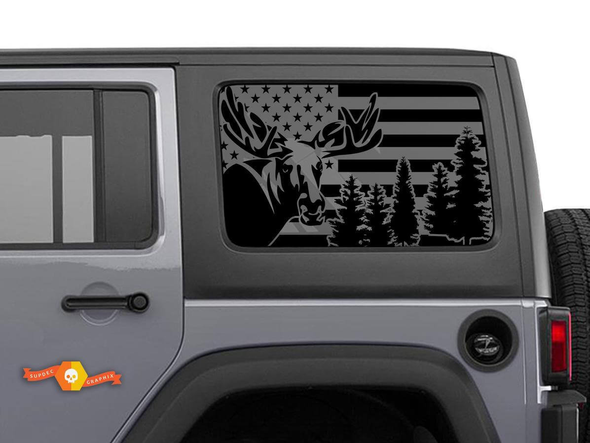 Kit di decalcomanie in vinile per finestrino laterale con alce e bandiera USA per Jeep Wrangler Hardtop