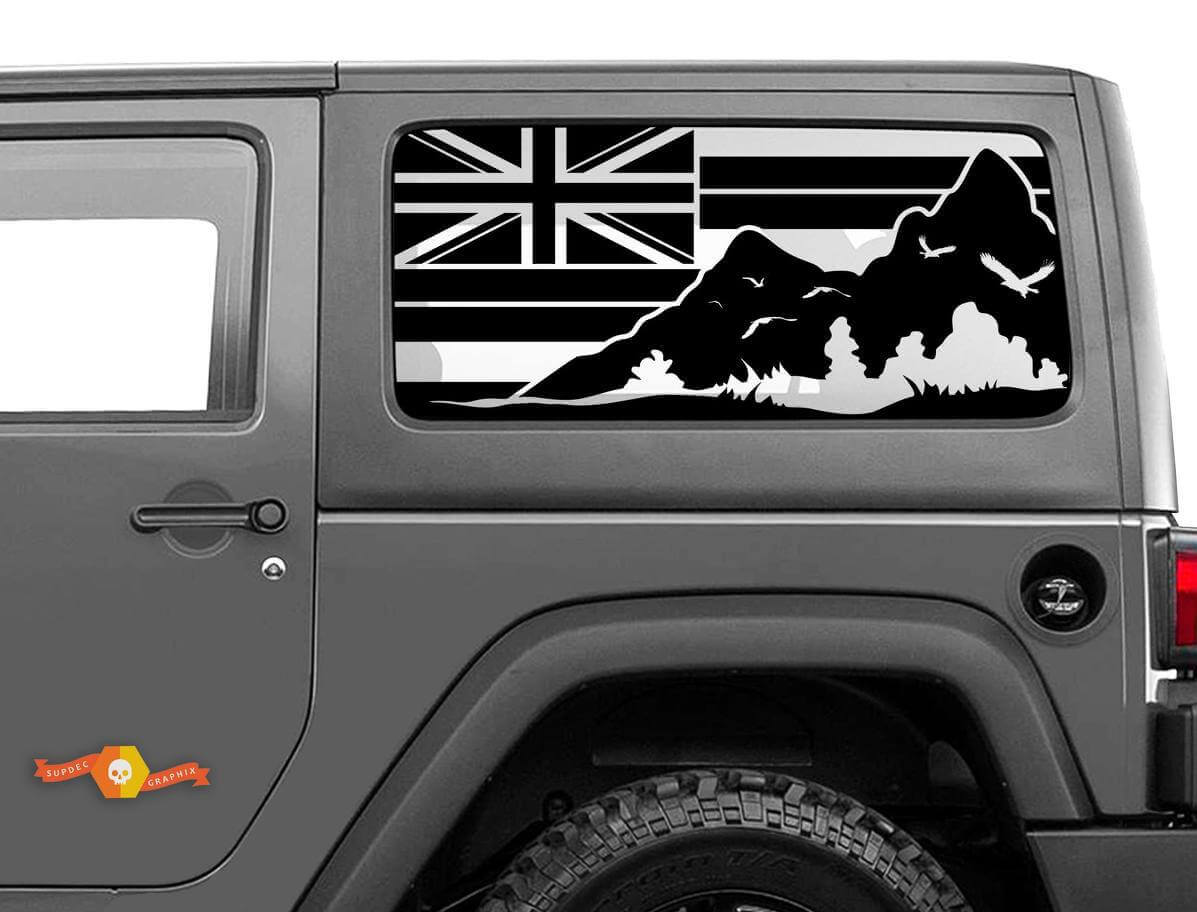 Adesivo in vinile per finestrino laterale con bandiera delle Hawaii e montagne enormi per Jeep Wrangler 2007-2019