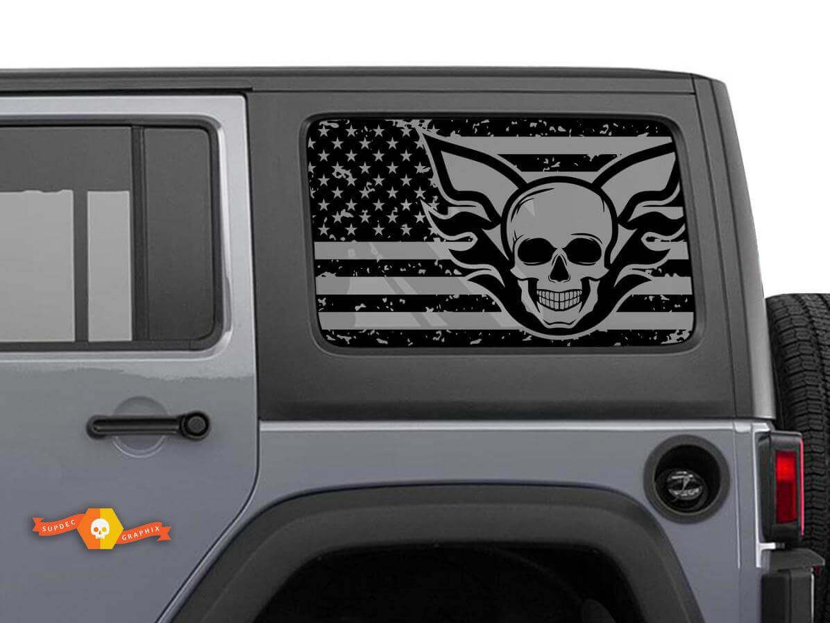 Adesivo in vinile con teschio e bandiera USA per finestrino laterale, coppia per Jeep Wrangler Hardtop