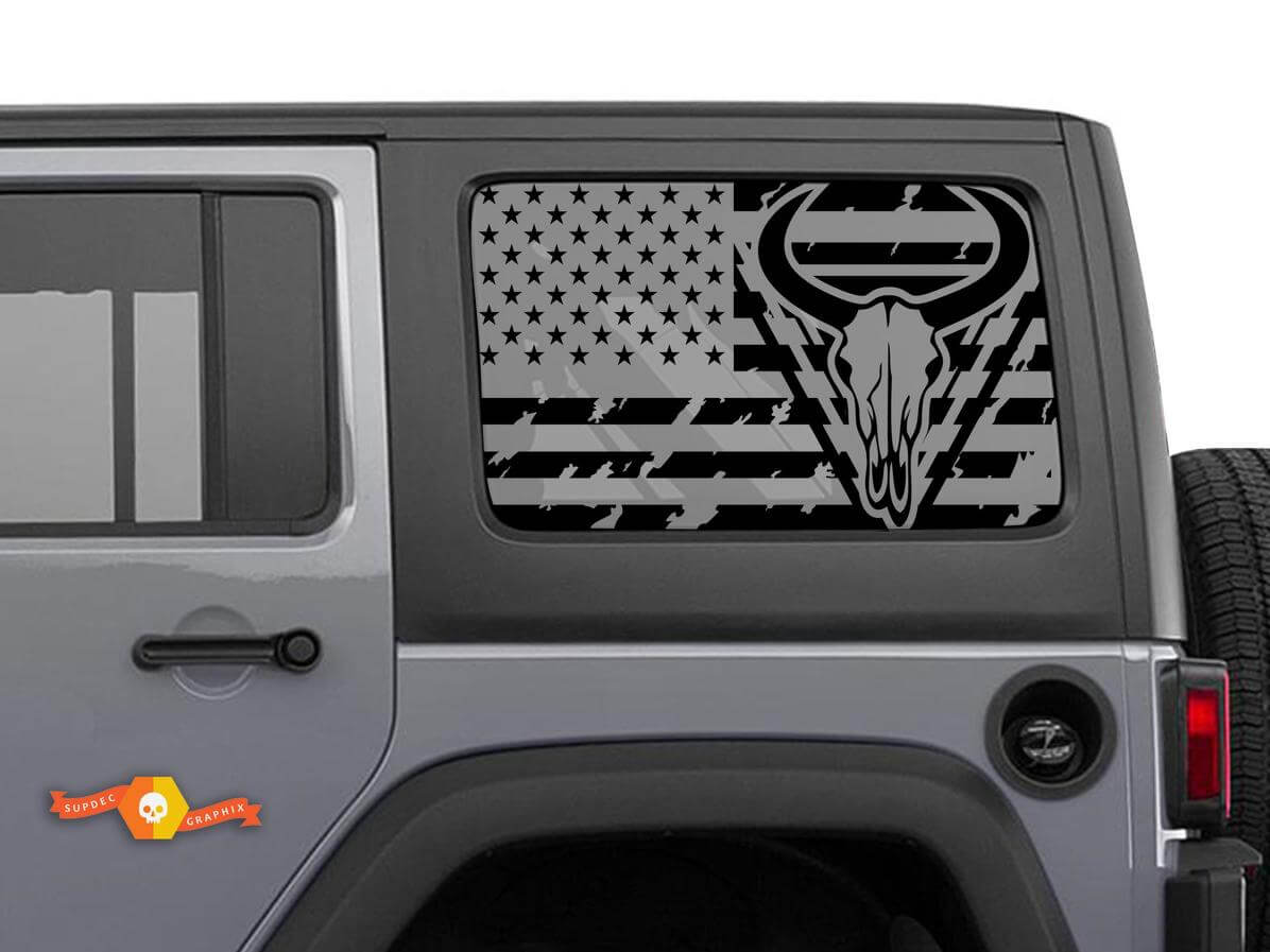 Decalcomania con teschio Longhorn bandiera USA per finestrini posteriori Jeep Hardtop
