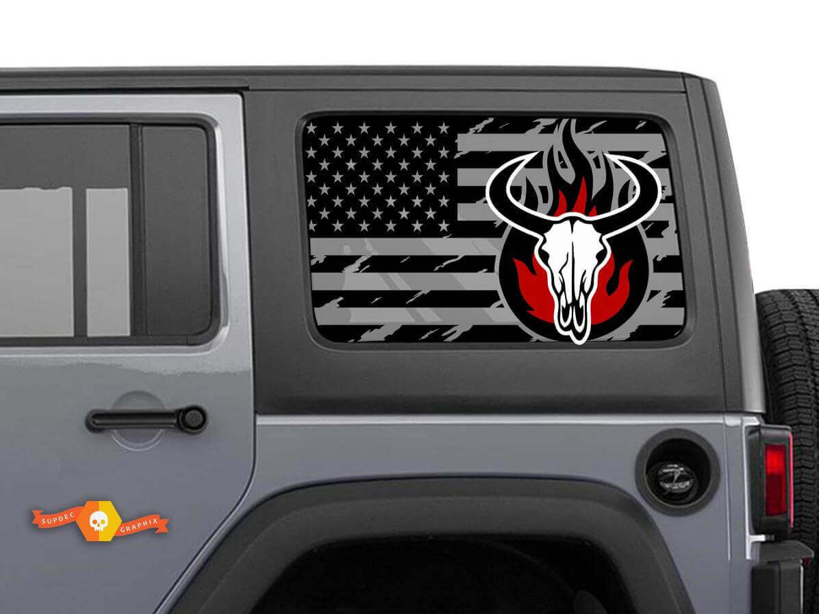 Adesivo Vinile Paio Teschio di Toro con Bandiera USA Usurata per Finestra Laterale Jeep Wrangler Hardtop