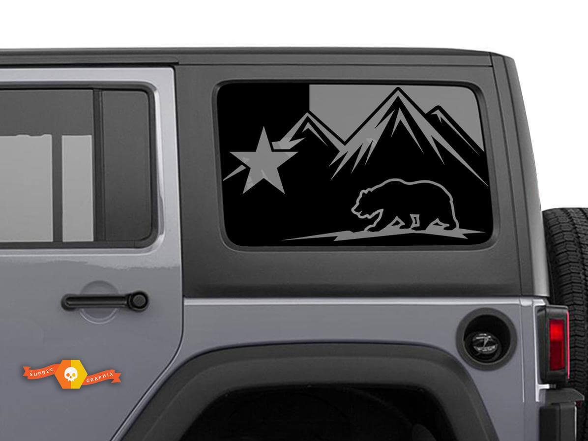 Adesivo in vinile per finestrino laterale con bandiera del Texas e montagne per Jeep Wrangler 2007-2019