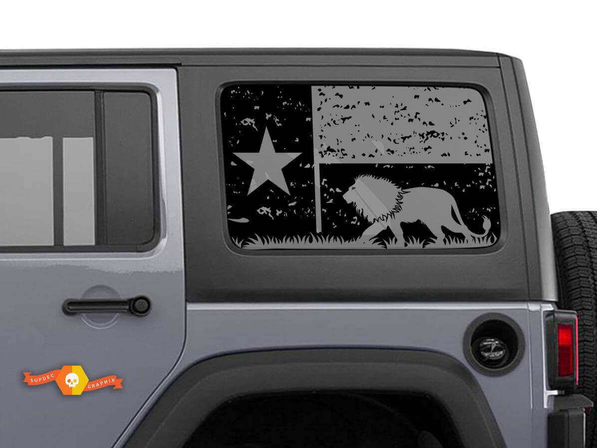 Adesivo in vinile con finestra laterale Leone con bandiera del Texas distrutta per Jeep Wrangler 2007-2019