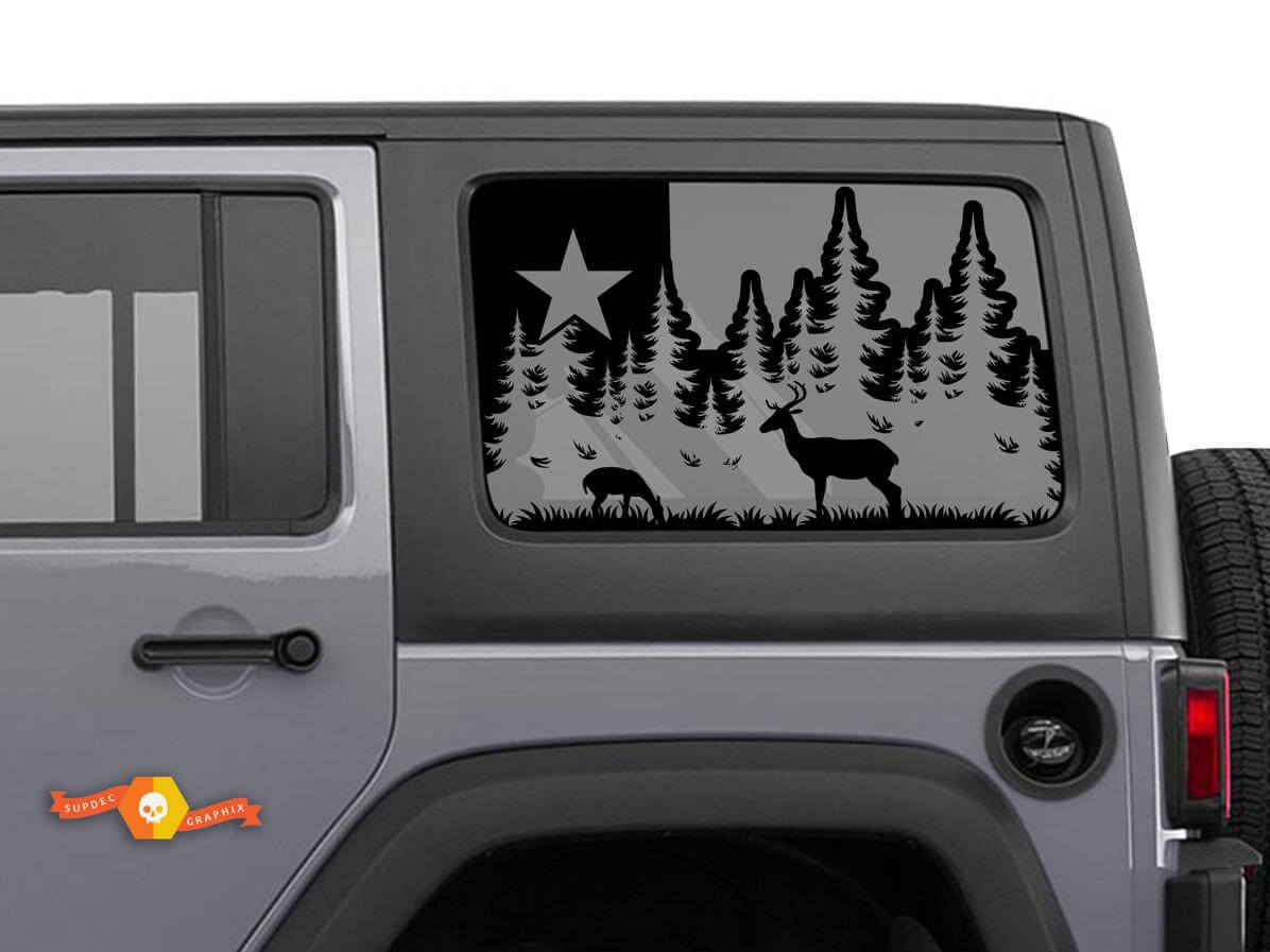 Decalcomania con bandiera del Texas con cervi e foresta per il design del lunotto posteriore Jeep Wrangler
