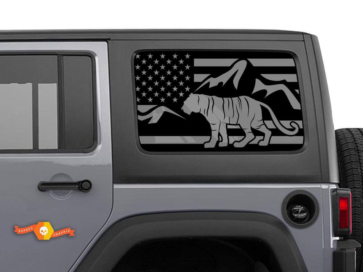 Kit di decalcomanie in vinile per finestrino posteriore laterale con bandiera USA e tigre per Jeep Wrangler Hardtop