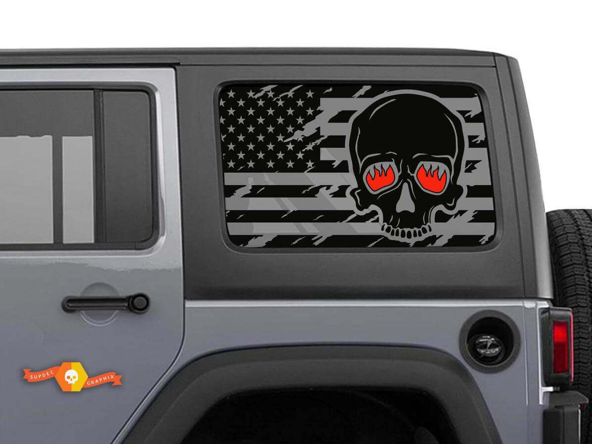 Adesivi in vinile per finestrino laterale con teschio della bandiera USA dagli occhi fiammeggianti per Jeep Wrangler Hardtop