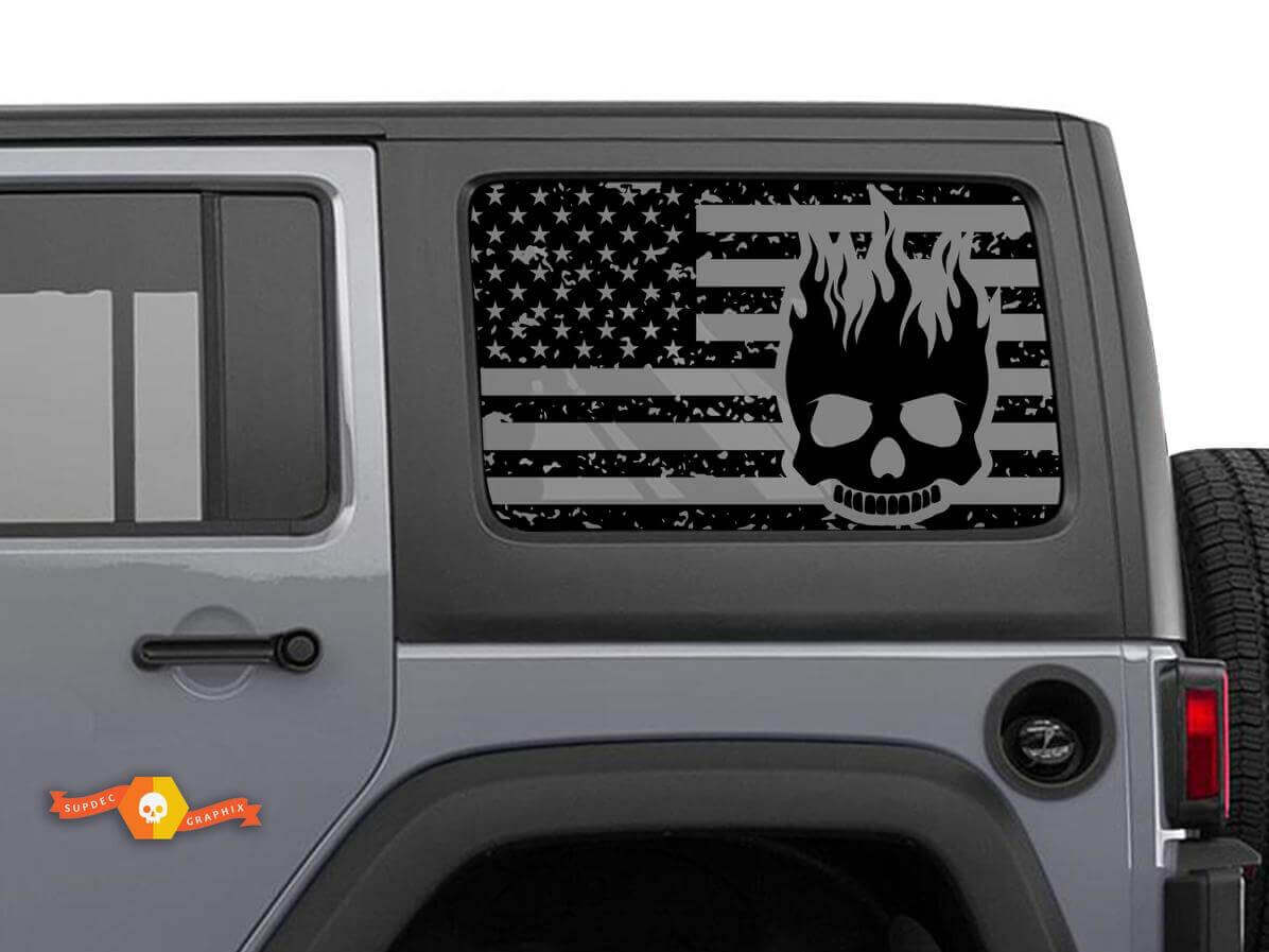 Kit di Adesivi in Vinile con Teschio Fiammeggiante e Bandiera USA per Finestrino Laterale Jeep Wrangler Hardtop