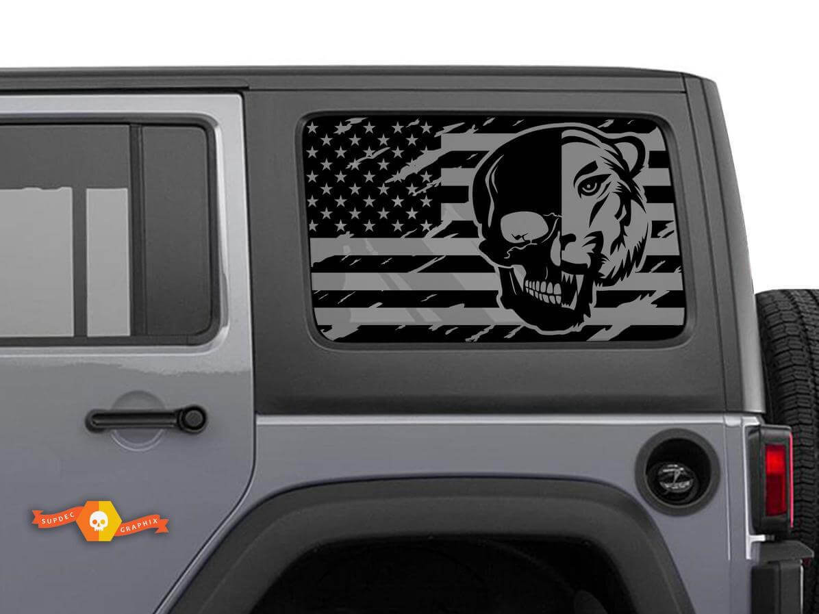 Kit di Adesivi in Vinile per Finestrino Laterale con Teschio Tigre e Bandiera USA per Jeep Wrangler Hardtop