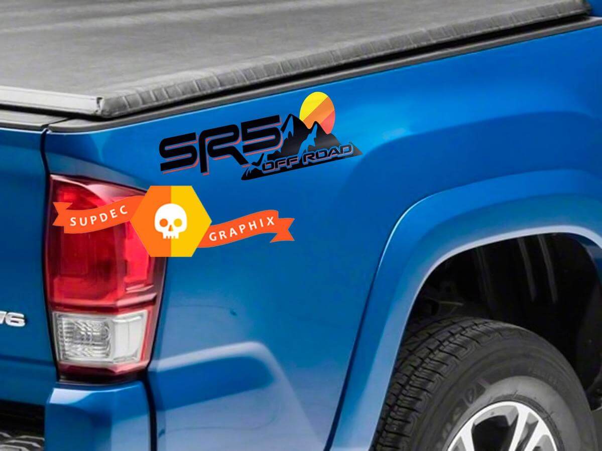 Coppia di decalcomanie in vinile per fiancata del cassone SR5 Off-Road Mountain Sunset per camion Toyota