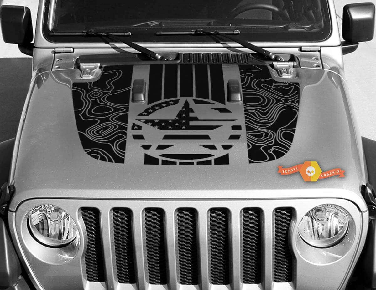 Kit adesivo in vinile con decalcomania della mappa topografica a stelle della bandiera USA per cofano Jeep Gladiator Wrangler