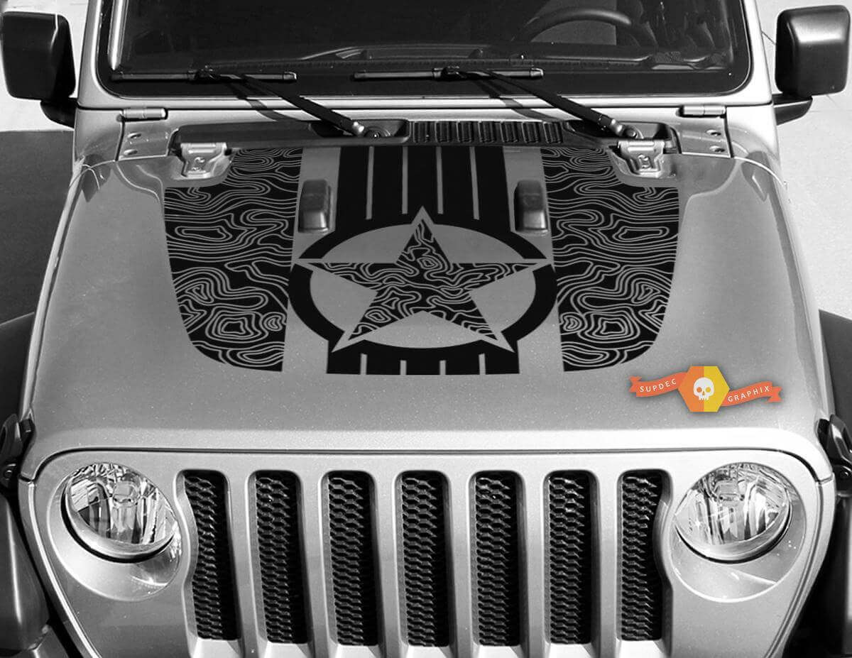 Jeep Gladiator JT Wrangler Military Star Mappa topografica JL JLU Hood style Adesivo decalcomania in vinile Kit grafico per 2018-2021
