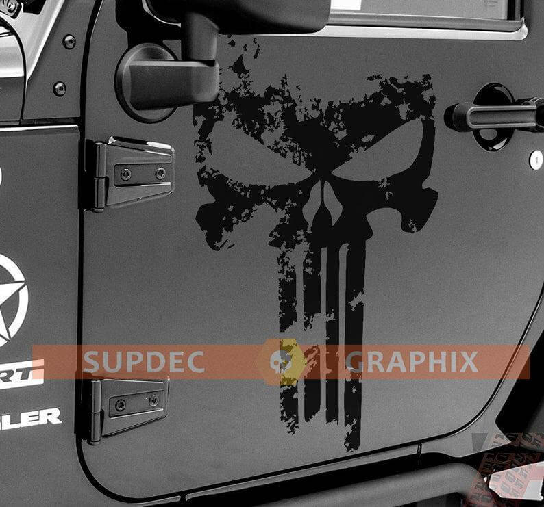 Adesivo in vinile duo con teschio Punisher consumato per porte Jeep Wrangler
