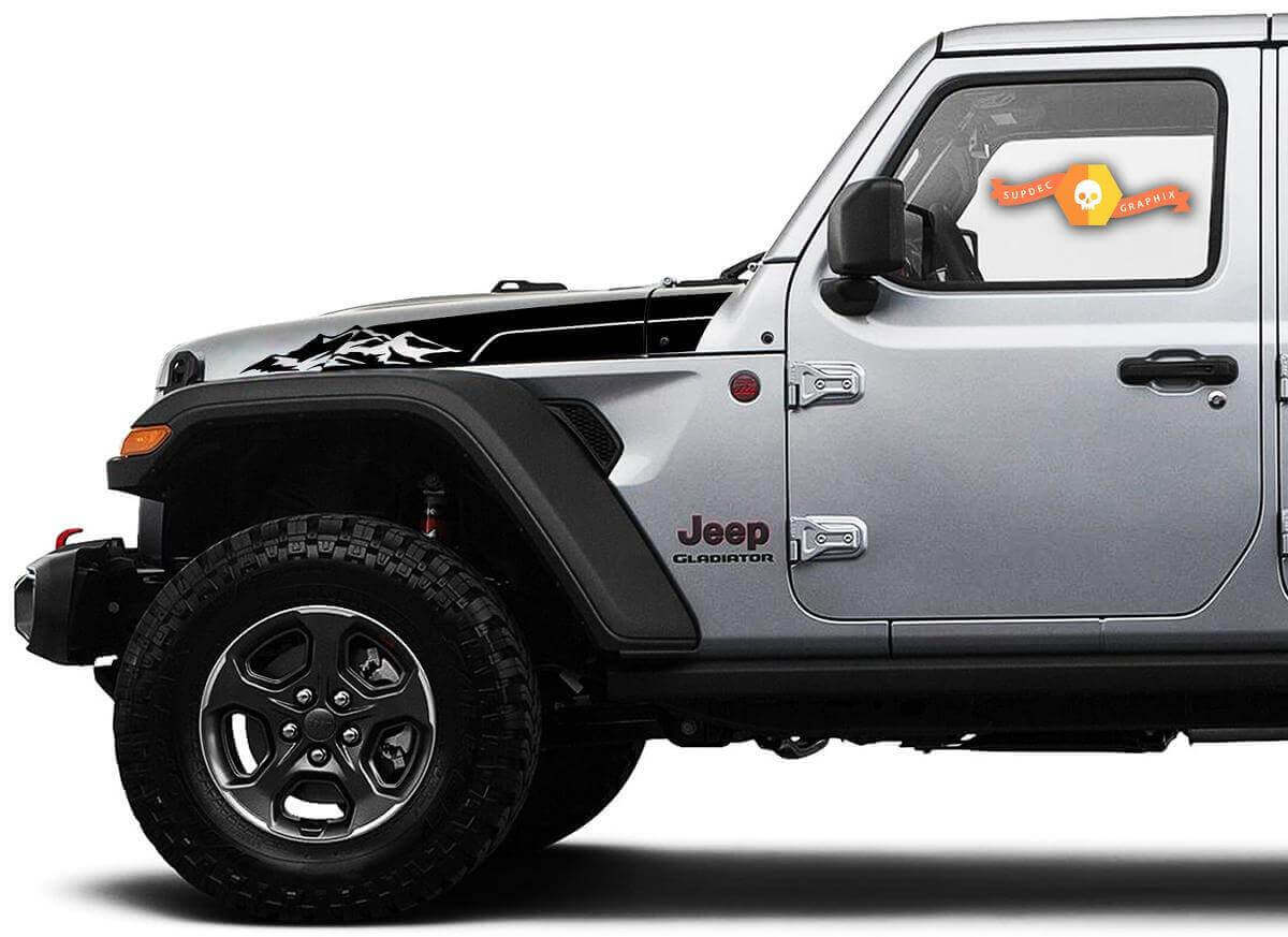 Coppia di Adesivi Laterali in Vinile per Cofano Montagna per Jeep Wrangler & Gladiator