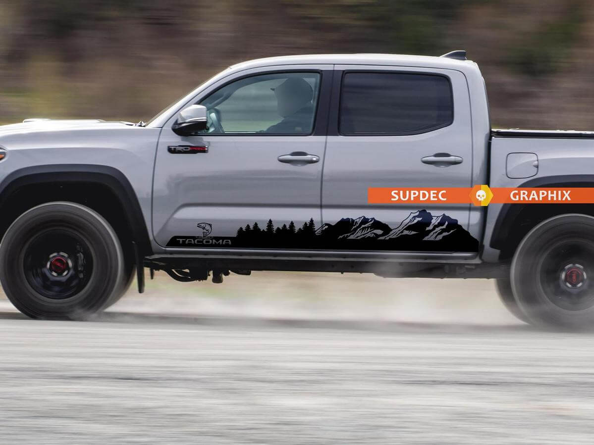 Adesivo in vinile laterale Montagne, Alberi e Trota per Toyota Tacoma