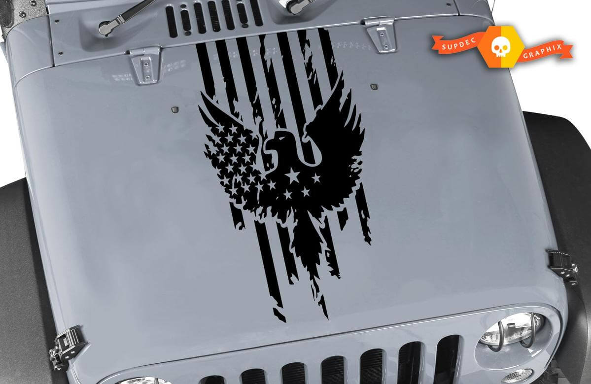 Adesivo in vinile con cappuccio e aquila della bandiera americana usurata per Jeep Wrangler