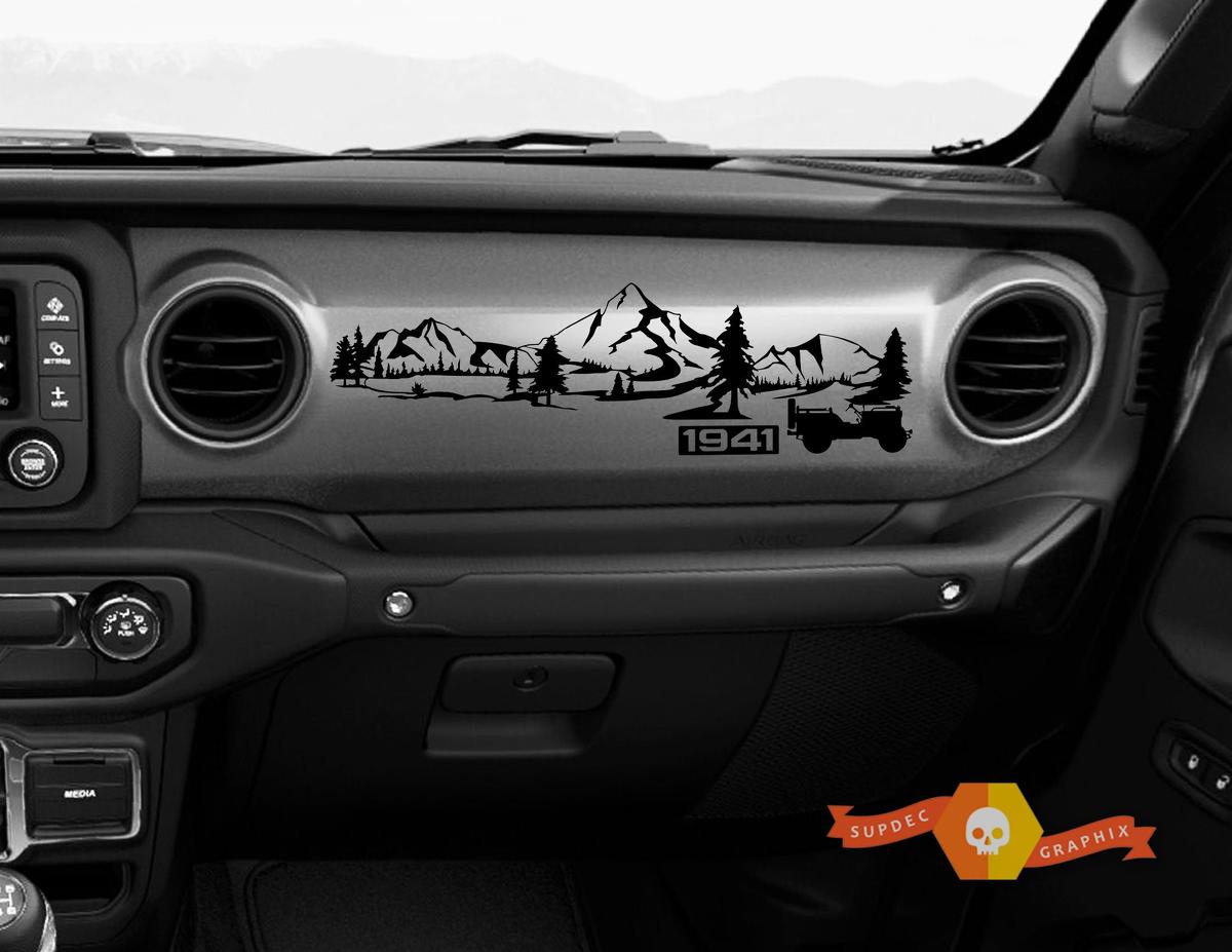 Jeep JT Rubicon Gladiator Dashboard Mountain 1941 Willys con decalcomania adesiva in vinile con scena della foresta
