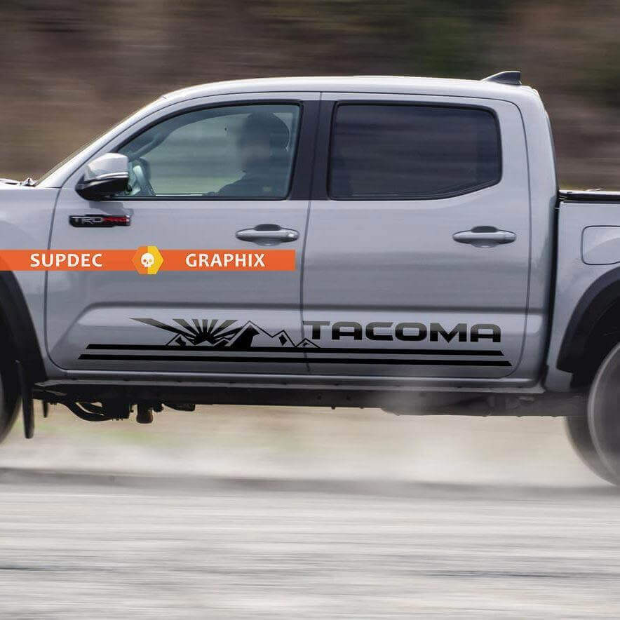Kit di Adesivi in Vinile con Striscia Laterale Sole che Sorgere sulle Montagne per Toyota Tacoma