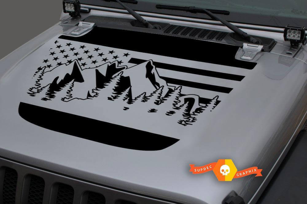 Adesivo in Vinile Cofano Montagne con Bandiera USA per Jeep Wrangler & Gladiator