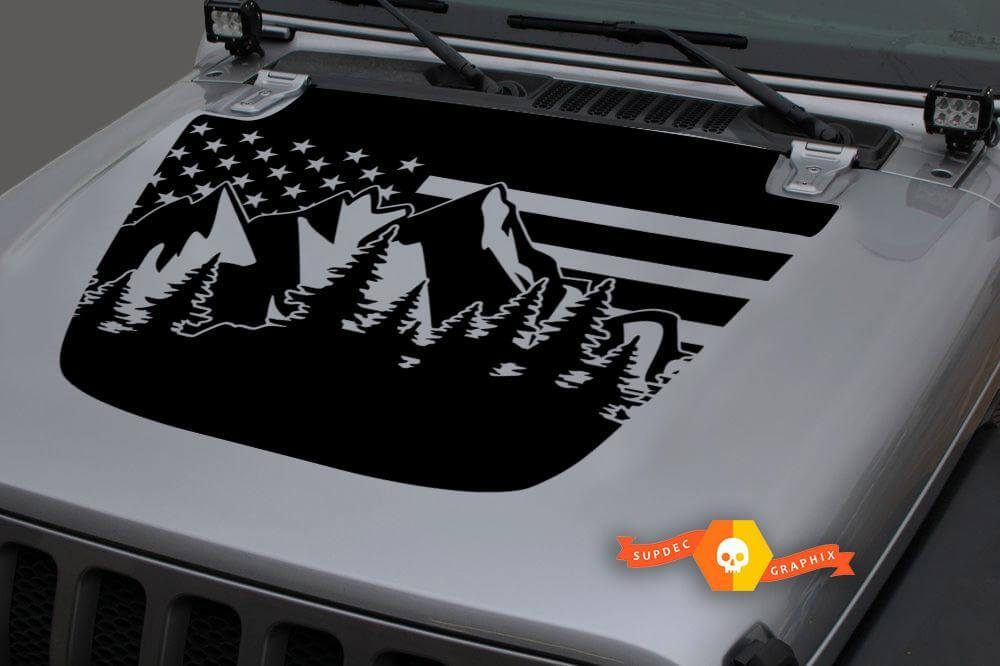 Jeep 2018-2021 Gladiatore JT Wrangler JL JLU Cappuccio Usa Bandiera Montagne Foresta Decalcomania Vinile Adesivo Grafica
