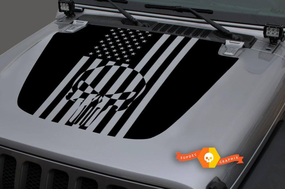 Jeep 2018-2021 Gladiator JT Wrangler JL JLU Hood Punisher Skull bandiera USA decalcomania in vinile adesivo grafico
