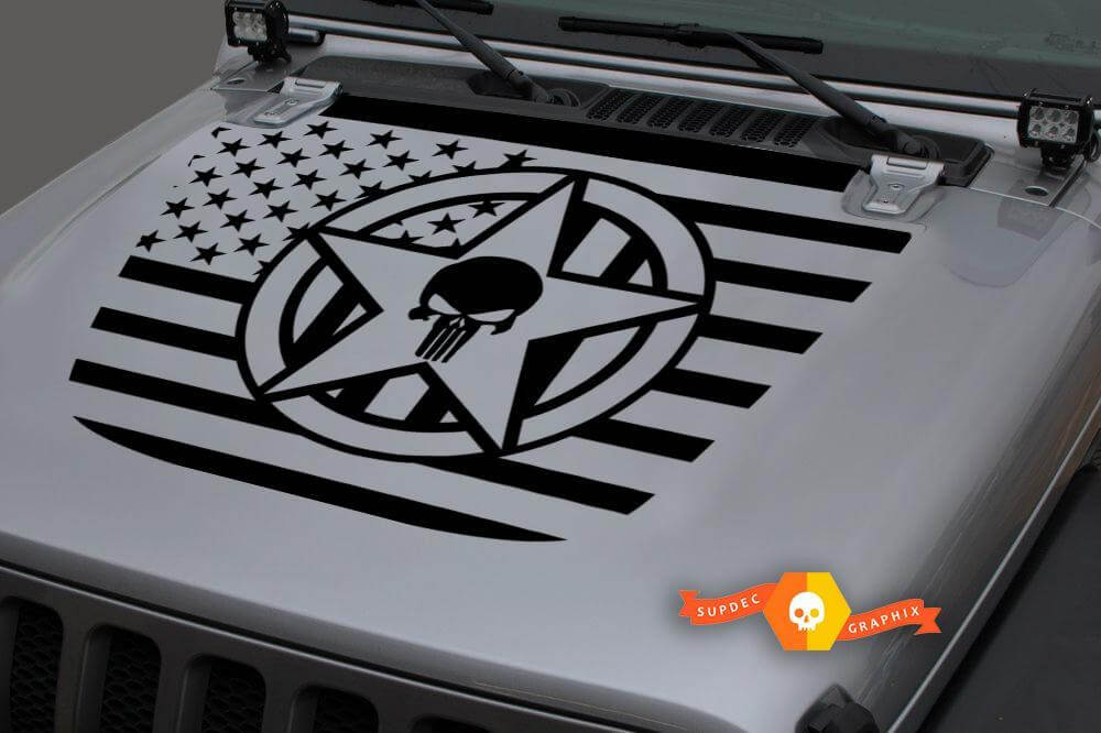 Adesivo in Vinile Cofano con Teschio, Stella Militare e Bandiera USA per Jeep Wrangler JL JLU & Gladiator JT